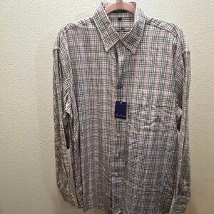 NWT Alan Flusser Button down Shirt Pink Purple Green Plaid size L